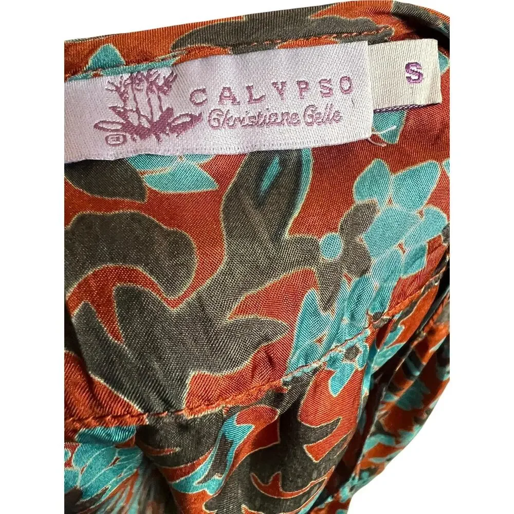 Calypso Christiane Celle Blouse Womens Small Orange Silk Floral V Neck Top